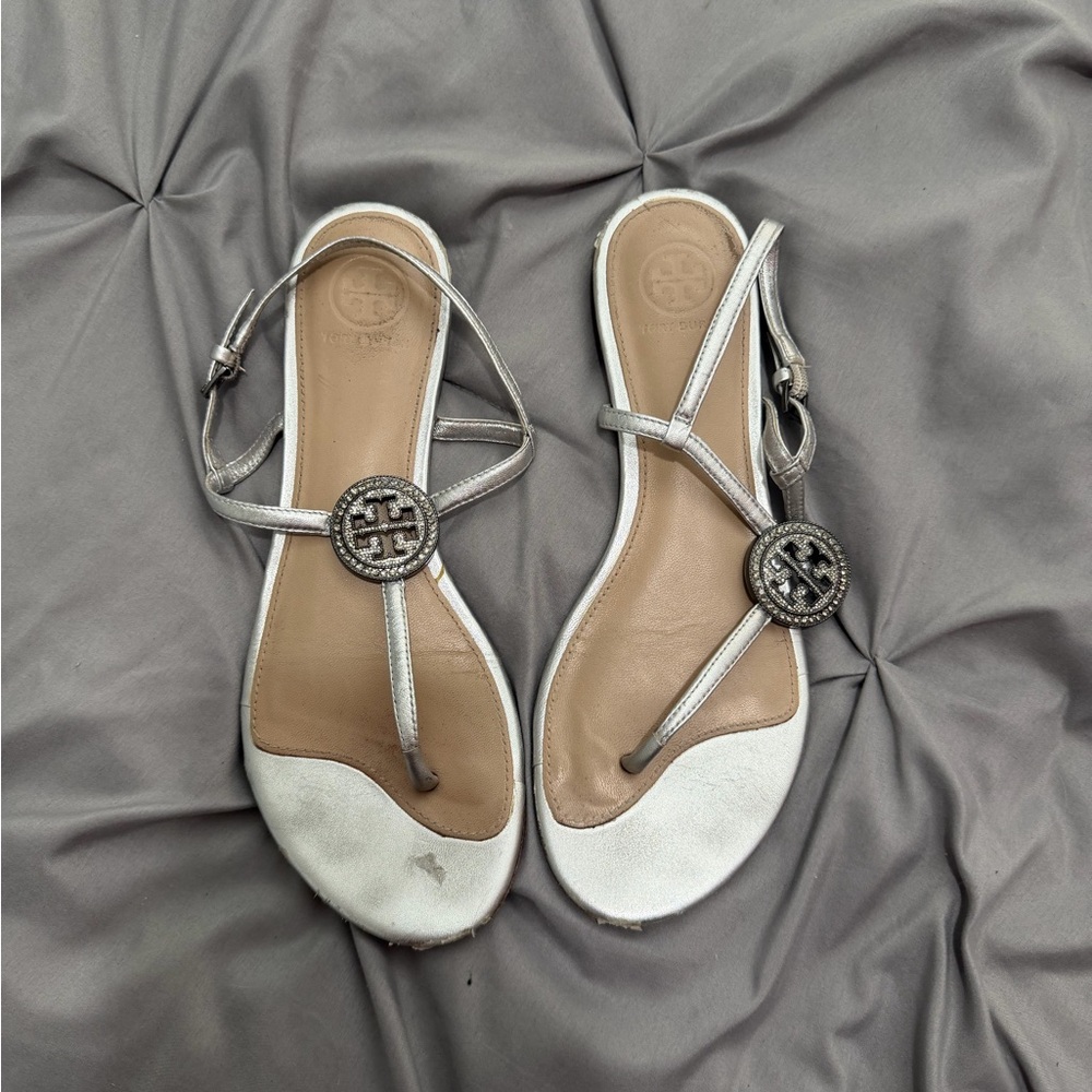 Tory Burch Metallic Silver Logo T-Strap Sandals